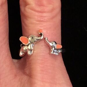 Silver Mom and Baby Elephant Ring with Peachy Pink Coral Accents